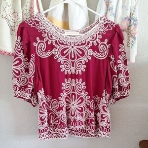Solitaire Maroon Blouse with White Embroidery